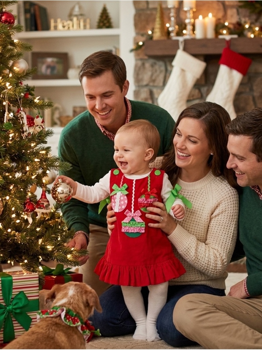 Mud Pie Baby Girl Red Holiday Dress with Green Ribbon Accents